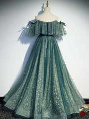 green A line tulle Star tulle long prom dress green formal party dress S3206