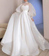 Halter Neck Organza Wedding Dresses Puff Sleeve Bride Gown Floor Length Wedding Gown S2589