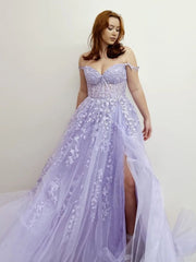 Off Shoulder Purple Lace Long Prom Dresses With High Slit, Purple Lace Formal Dresses, Purple Evening Dresses S3329
