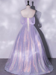 Purple A-Line Tulle Sequin Long Prom Dress, Purple Sequin Long Formal Dress S3200