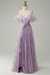 Lilac Off-the-Shoulder Embroidery Ruffled Long Prom Dress with Slit S2613