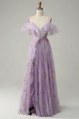 Lilac Off-the-Shoulder Embroidery Ruffled Long Prom Dress with Slit S2613