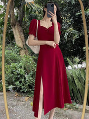 red dress for women new style puff sleeve slit long skirt S3465