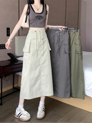 workwear skirt for women summer new mid-length high-waist drawstring a-line long skirt S3416