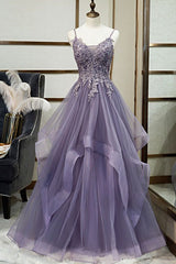 Unique v neck tulle lace long prom dress tulle lace formal dress S4150