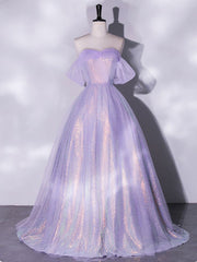 Purple A-Line Tulle Sequin Long Prom Dress, Purple Sequin Long Formal Dress S3200