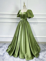 green satin long prom dress, green satin evening dress S3541