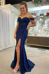 Sparkly Navy Corset Mermaid Sequins Long Prom Dress with Slit S3686