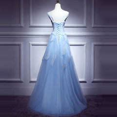 Lovely Light Blue Lace Applique Tulle Prom Dress, Blue Junior Party Dress Formal Dress S3346