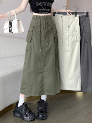 workwear skirt for women summer new mid-length high-waist drawstring a-line long skirt S3416