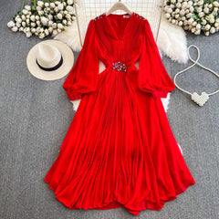 lantern long-sleeved V-neck A-line chiffon pleated dress elegant long skirt S3982