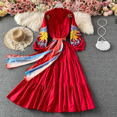 embroidery V-neck dress elegant long skirt S4171