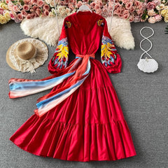 embroidery V-neck dress elegant long skirt S4171