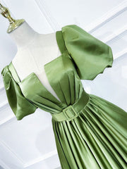 green satin long prom dress, green satin evening dress S3541