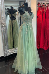 V Neck Straps Beaded Appliques Keyhole Long Prom Dress with Slit S3204