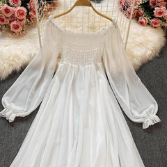 Bohemian white long skirt lantern sleeves square neck chiffon A-line skirt dress S3916