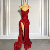 Sexy High Slit Halter Sleeveless Sparkly Red Sequined Long Prom Dresses for Black Girls S3641