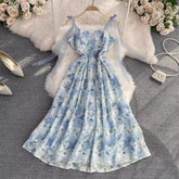 floral chiffon A-line dress vacation long skirt S3979