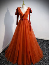 V Neck Tulle Brick Red Long Prom Dresses, Simple Formal Gown Graduation Dresses S3011