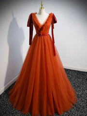 V Neck Tulle Brick Red Long Prom Dresses, Simple Formal Gown Graduation Dresses S3011