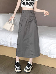 workwear skirt for women summer new mid-length high-waist drawstring a-line long skirt S3416