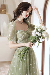 Lovely cherry pattern long prom dress green evening dress S3689