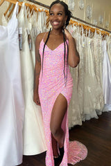 Mermaid V Neck Straps Sequins Pleated Long Prom Dress with Slit S3828