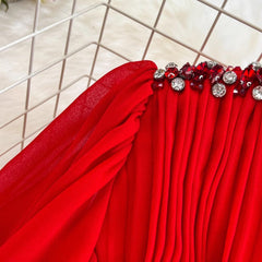 lantern long-sleeved V-neck A-line chiffon pleated dress elegant long skirt S3982
