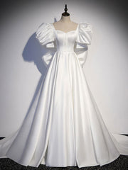 white satin long prom dress, white long evening dress S2683