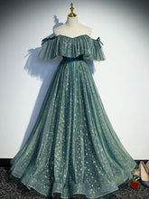 green A line tulle Star tulle long prom dress green formal party dress S3206