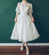 Ivory Organza Short Tea Length Wedding Dress,Vintage High Neck Wedding Dress,Short Bridal Dress Gown S3544
