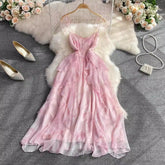 Floral Suspender Dress Women's A-Line Ruffled Long Skirt S4136