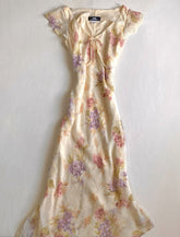 Apricot floral V-neck slim waist long skirt homecoming dress R2675
