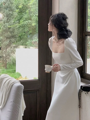 White Wedding Dress Long Sleeve Square Neck Women Elegant Evening Prom Party Dress S5421