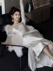 Long Sleeves Satin Mermaid Wedding Dresses Long Bridal Gown S7211