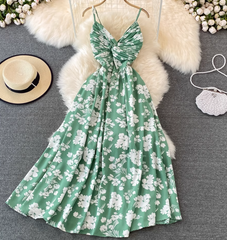 Beach dress super fairy seaside vacation long skirt V neck A line suspender dress R0342