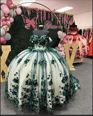 New Off The Shoulder 3D Flowers Emerald Green/ Burgundy Quicneanera Dress Sweet 15 Party Dress S1804