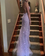 Mermaid Backless Purple Lace Long Prom Dresses, Mermaid Purple Formal Dresses,Purple Lace Evening Dresses S1788