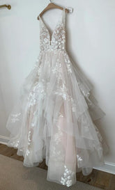 Elegant v neck open back lace long prom dress, wedding dress S1591