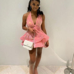 Pink Cocktail Dresses A-Line V-Neck Shiny Sequin Homecoming Dresses S2035