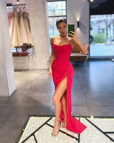 Sexy Mermaid Strapless Hot Pink Long Prom Dresses with Slit S2270