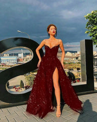 Sequins Burgundy V-neck Long Prom Dresses S1549