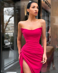 Sexy Mermaid Strapless Hot Pink Long Prom Dresses with Slit S2270