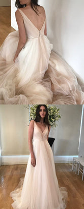 Simple Informal Wedding Dress,V-back Boho Wedding Dress,Blush Wedding Dress S2114