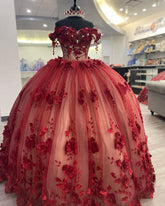 New Off The Shoulder 3D Flowers Emerald Green/ Burgundy Quicneanera Dress Sweet 15 Party Dress S1804
