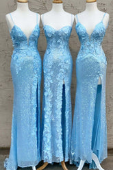 Glitter Sky Blue Sequins Long Prom Dress with Flower Appliques S1046