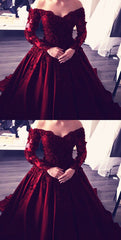 Lace Long Sleeves V-neck Off The Shoulder Satin Wedding Dresses Ball Gowns For Bridal Party S1321