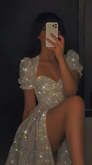 Sparkly Prom Dress With Puffy Sleeves Shiny Evening Dress Split S2120