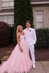 Pink Tulle Spaghetti Straps Sweet 16 Prom Dress, Floor Length Tulle Formal Dress S863
