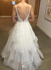 Elegant v neck open back lace long prom dress, wedding dress S1591